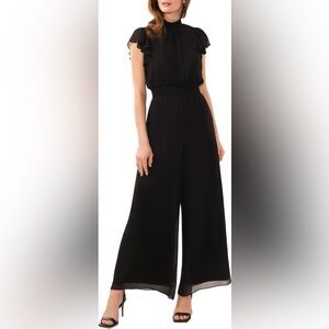 Halogen Black Ruffle-Sleeve High-Neck Wide-Leg Jumpsuit